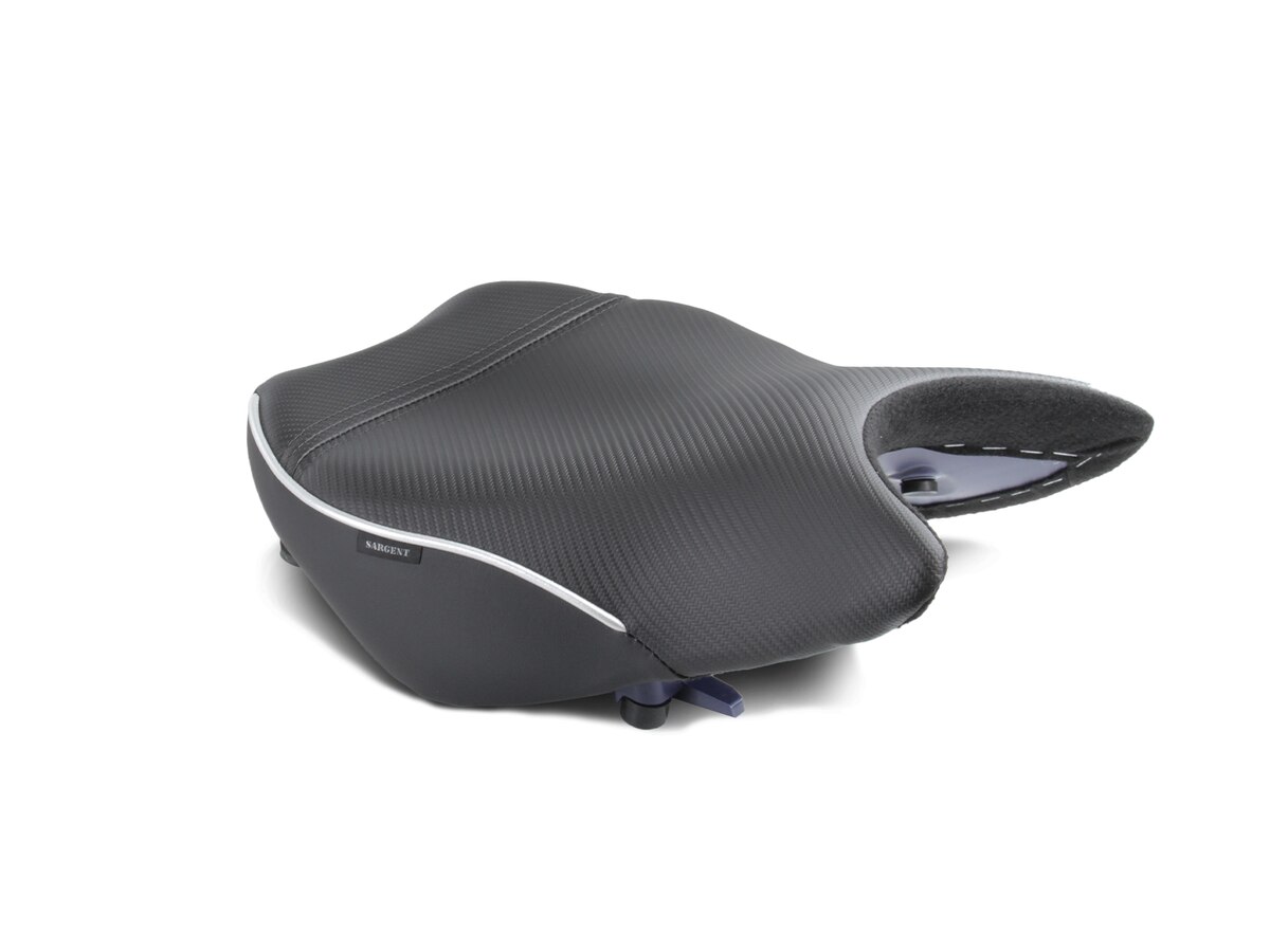 Sargent's World Sport Motorcycle Seat for the Suzuki GSX-S 1000GT and GSX-S 1000 GX shown with CFX and silver welt, front only.
